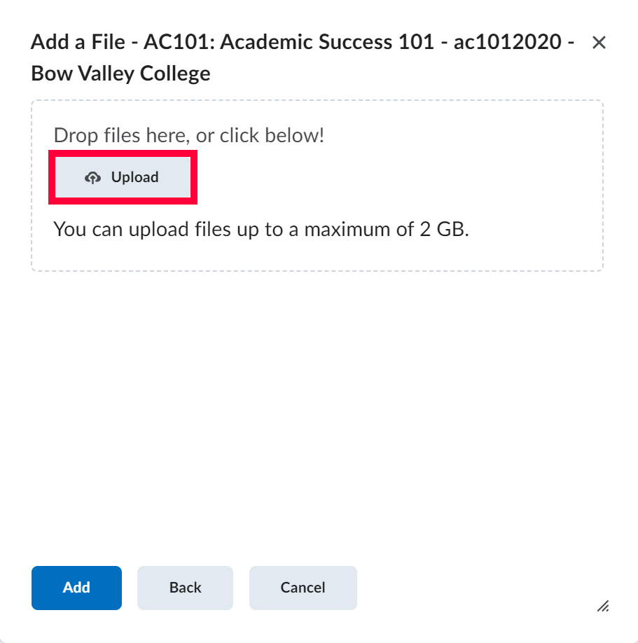 Upload button highlighted to add a file in D2L dropbox for course