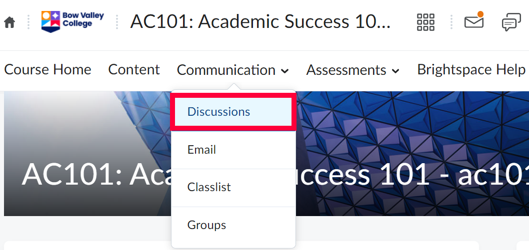 Discussions option highlighted in D2L Communication menu