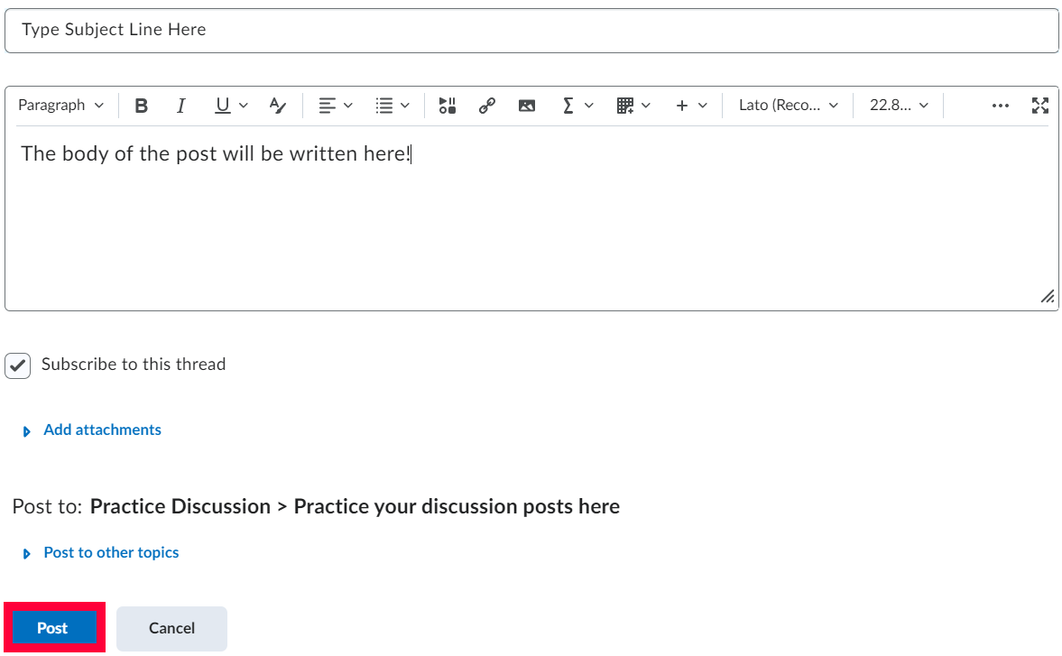 Subject line and body of discussion post filled out with Post button highlighted in Communications section of D2L course