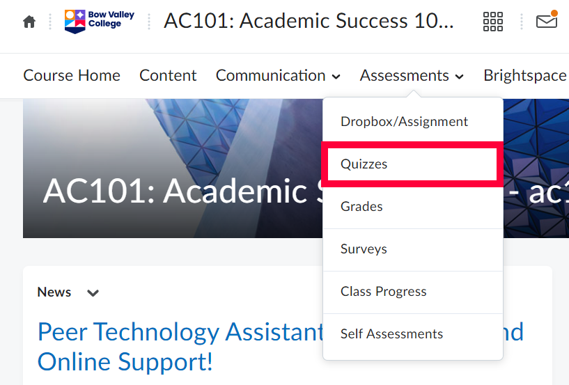 Quizzes option highlighted in Assessments drop down menu in D2L