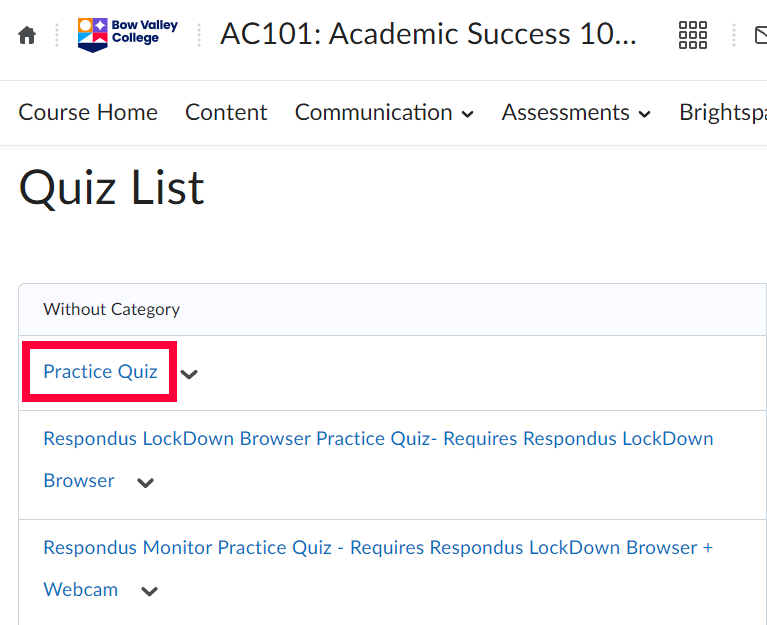 List of available quizzes displayed in D2L