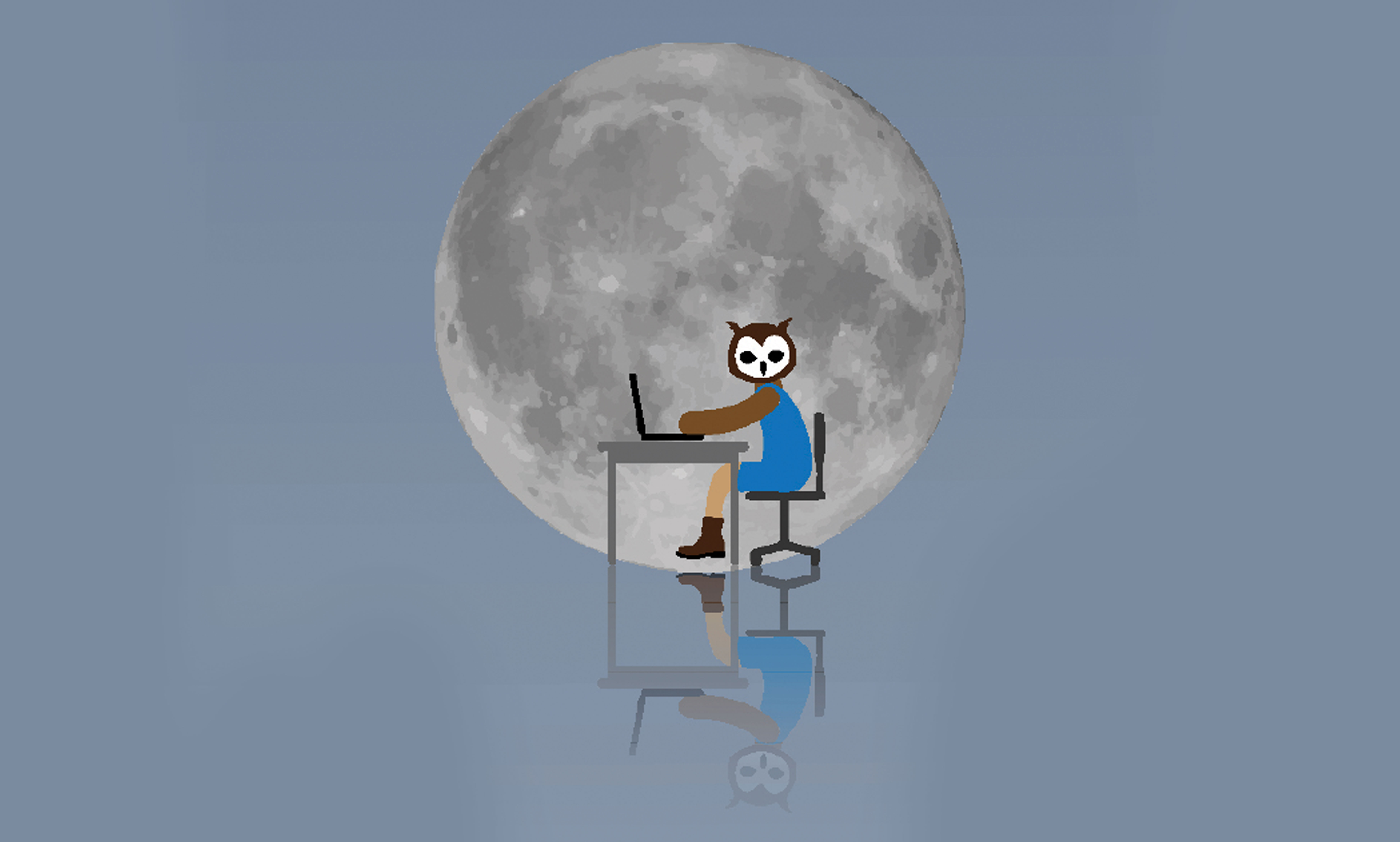 Owl working on laptop in front of moon