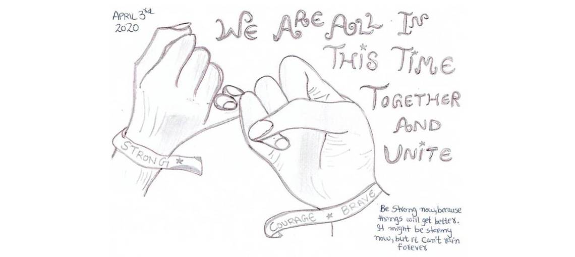Drawing of a pinky promise. "We are all in this time together and unite"