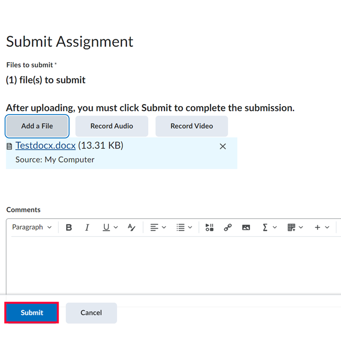 Submit button highlighted to complete Dropbox submission in D2L