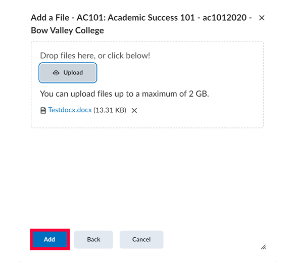 Add button highlighted to add file in D2L dropbox