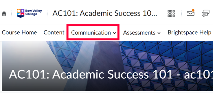 Communication tab highlighted in D2L