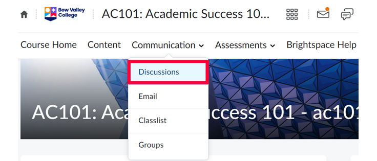 Discussions option highlighted in D2L Communication menu