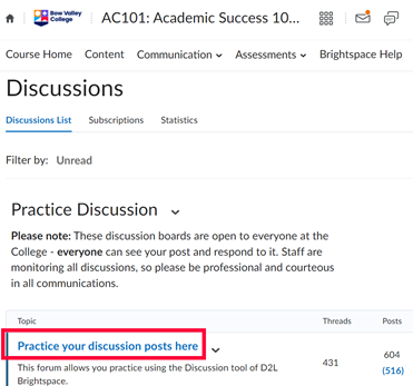 Discussion post topic highlighted in D2L