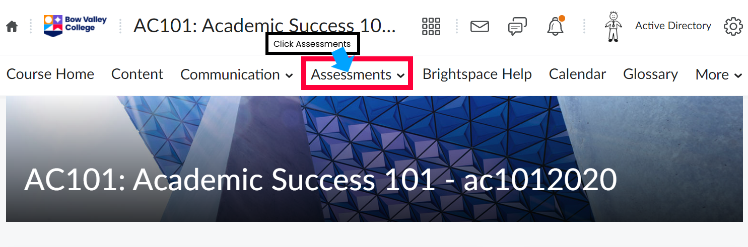 Assessments tab highlighted in top banner of D2L course