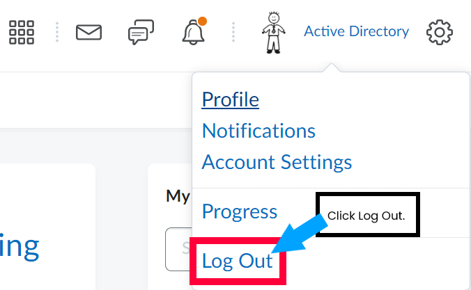 Log out option is highlighted from dropdown menu in upper right corner of D2L account