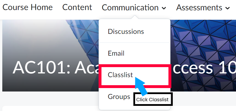 Classlist option highlighted in Communication tab dropdown in D2L