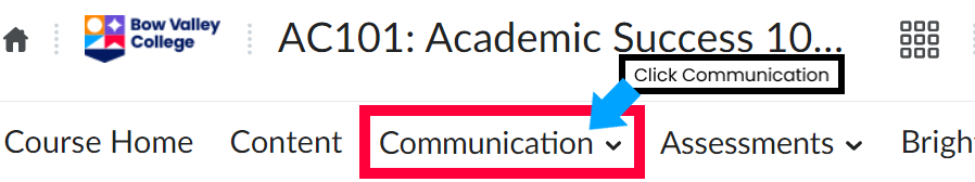Communication tab highlighted in course in D2L