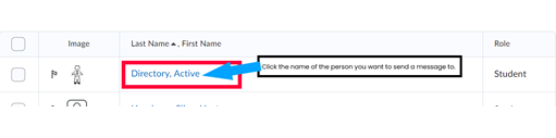 Student name highlighted as selection for messaging in classlist feature in Communications tab in D2L