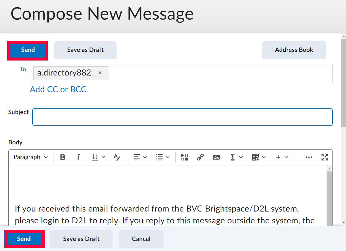 Compose Message window with Send buttons highlighted in D2L messaging system