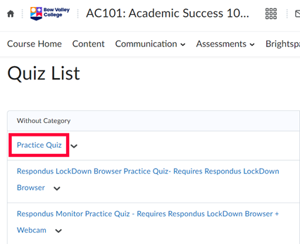 List of available quizzes displayed in D2L