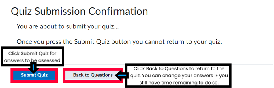 The Submit Quiz and Back to Questions buttons are highlighted to indicate the option to complete the quiz or return to the questions for further review in a D2L quiz.