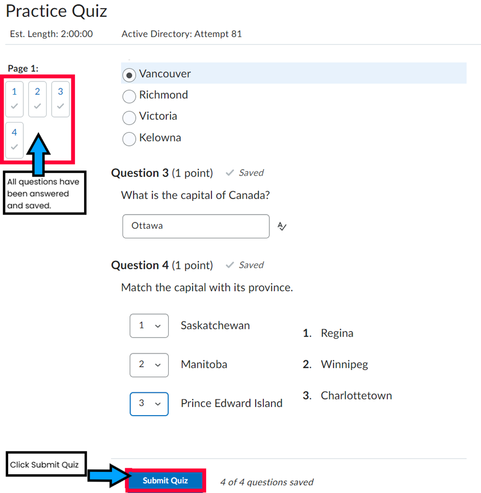 Image highlights the fields of a quiz that show all questions have been answered and saved and the Submit Quiz button at the end of the quiz in D2L