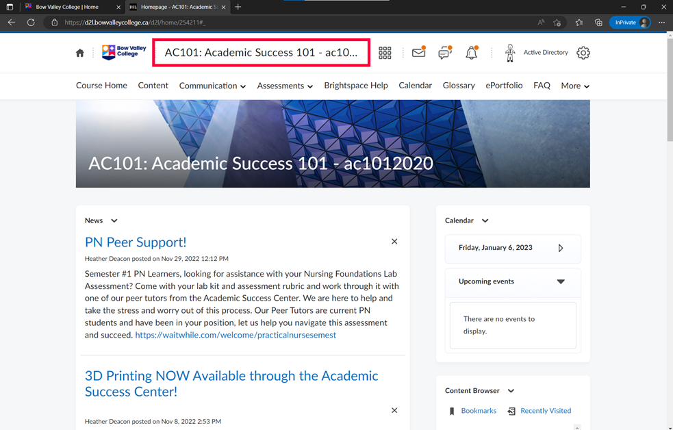 d2l ac101 course name highlighted